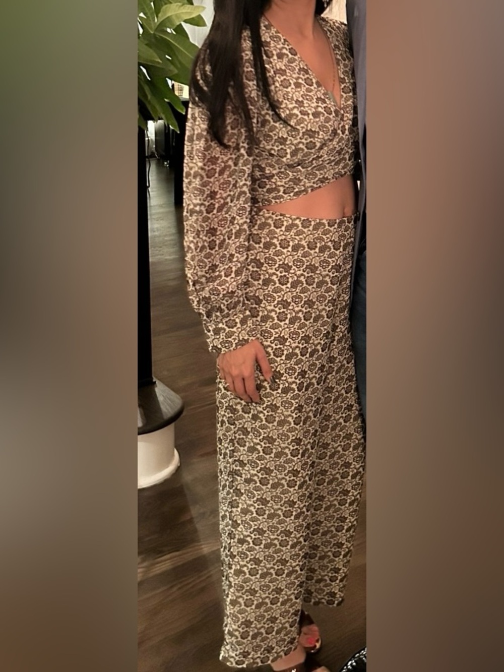 Floral Printed Two-Piece crop top-pant Set, olive green and cream